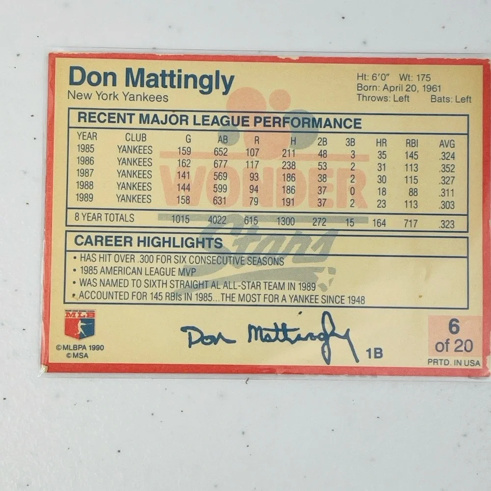 1990 Wonder Bread Stars Don Mattingly 6 Trading Card Collectible